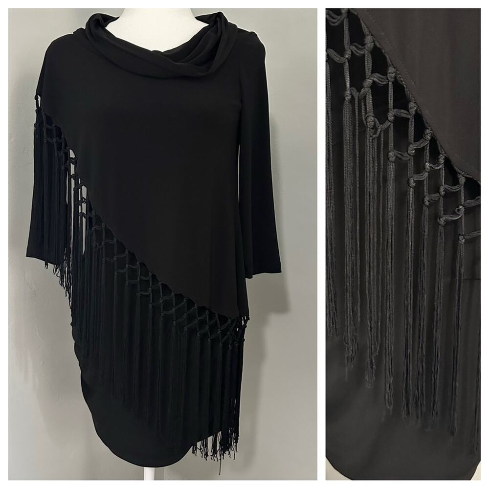 Joseph Ribkoff Black Fringe Asymmetrical Dress, Bodycon, Black, Boho, Size 4